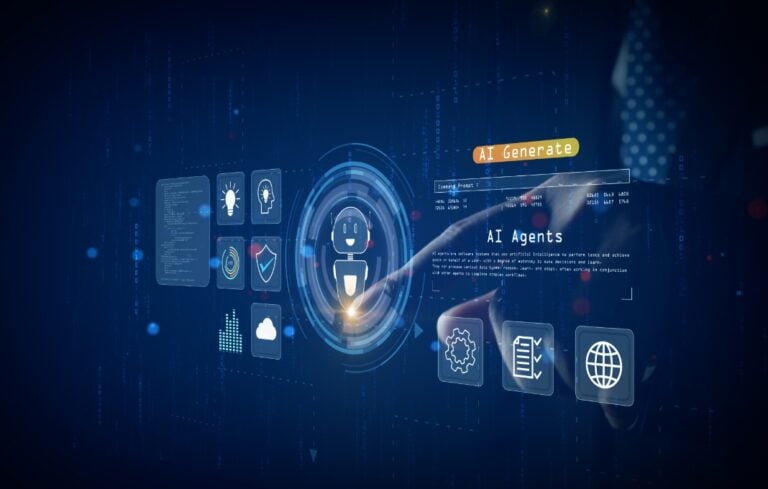 Futuristic digital interface showing AI agent hologram with businessman interaction,